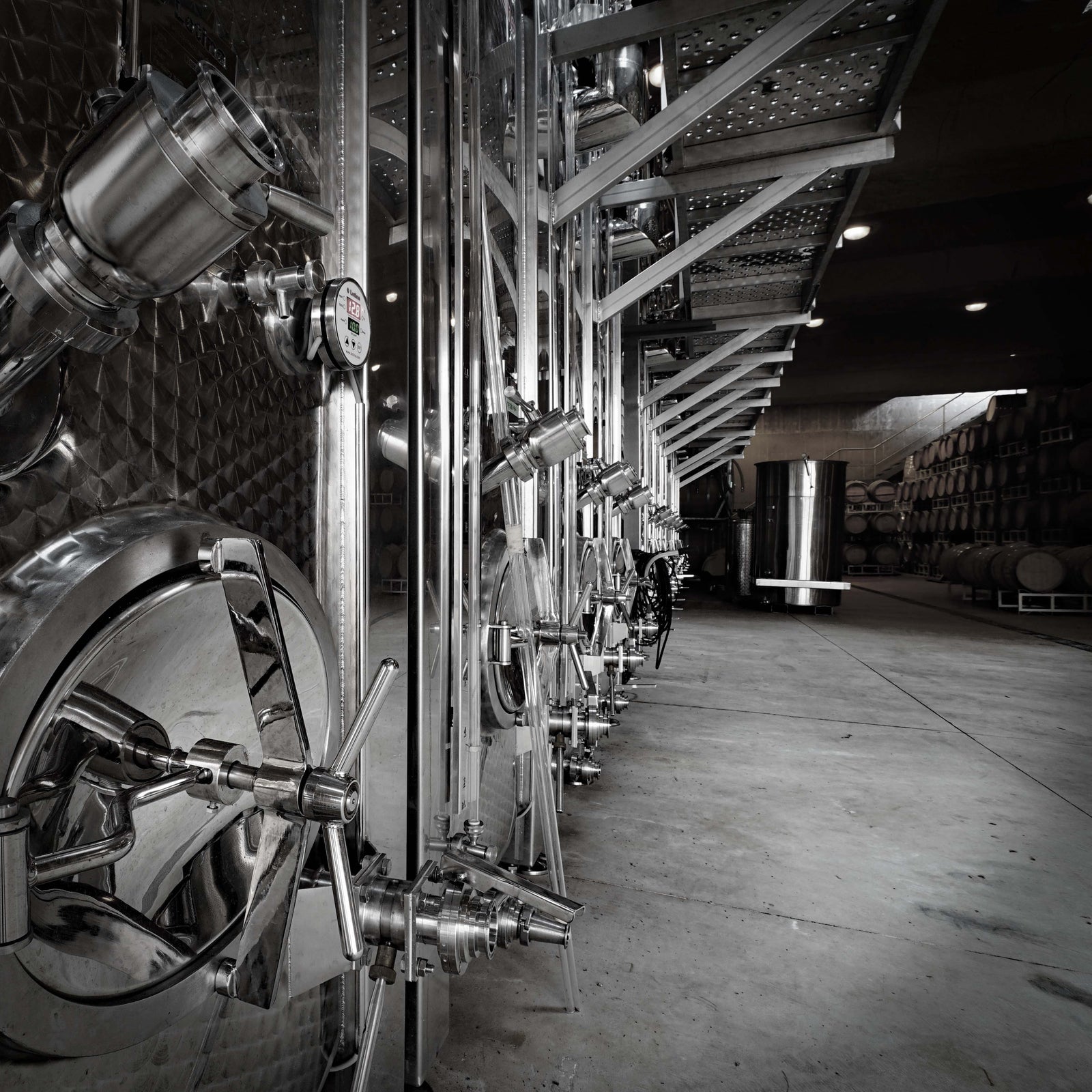 Winemaking stainless steel tanks at Pentâge Winery