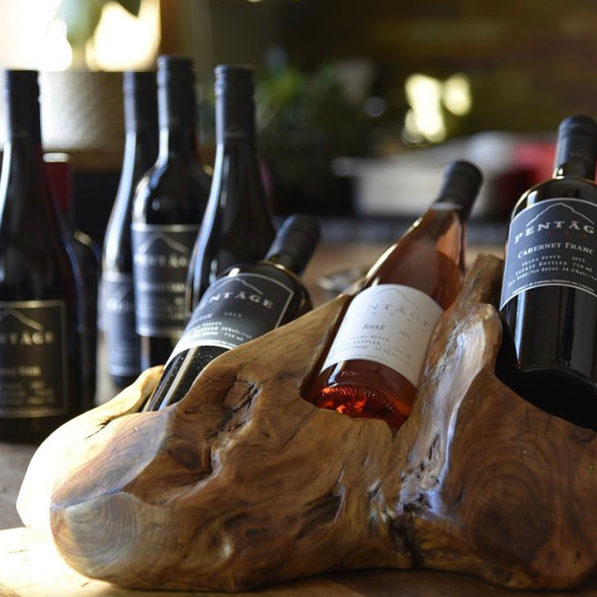 Four BTS wine bottles displayed together, showcasing Pentage Winery’s boutique small-lot wines on the Skaha Bench