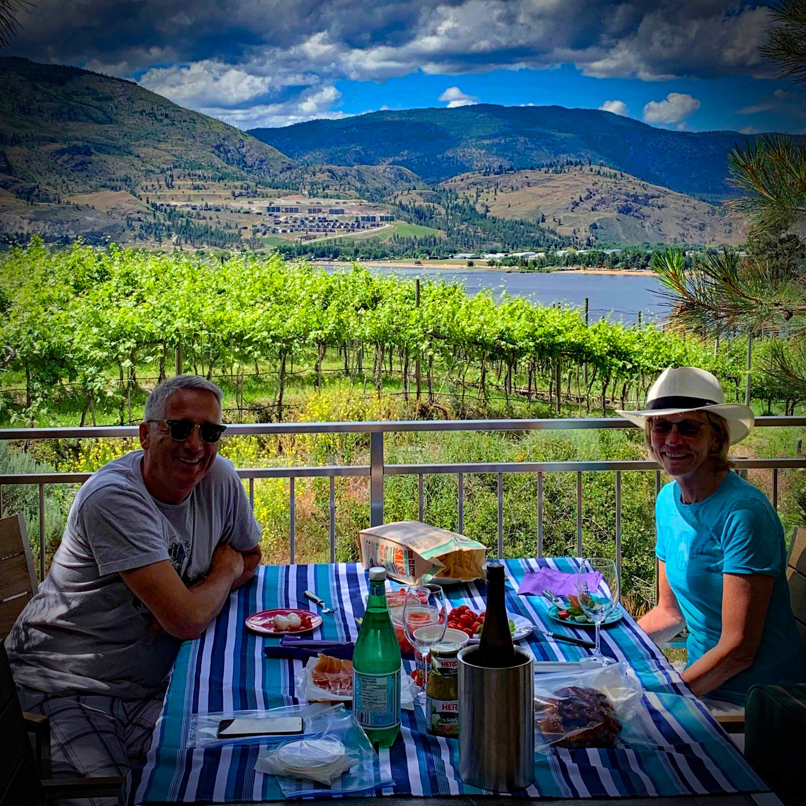 People enjoying a picnic and enjoying the beautiful vista from Pentâge Winery
